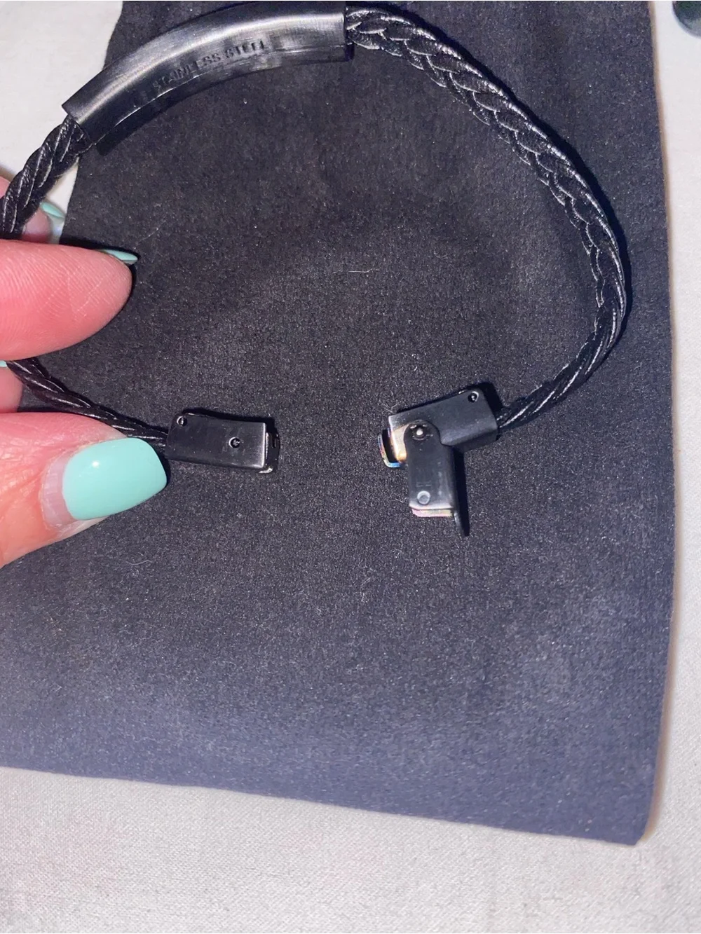 Men's Black Braided Leather ID Bracelet - Sleek Minimalist Style